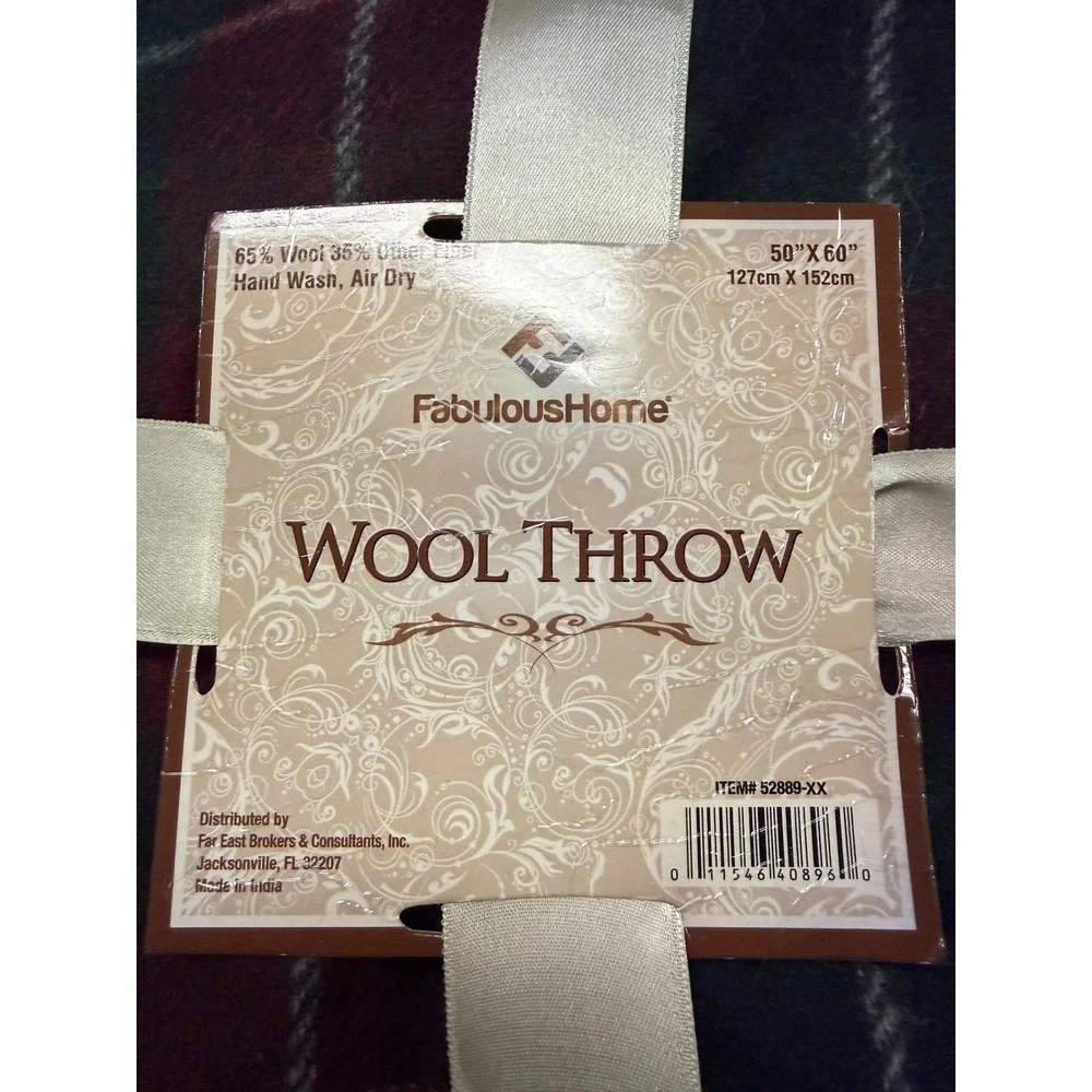 FabulousHome Wool Blend Throw Blanket Plaid Green Burgundy Navy 50x60 52889-XX